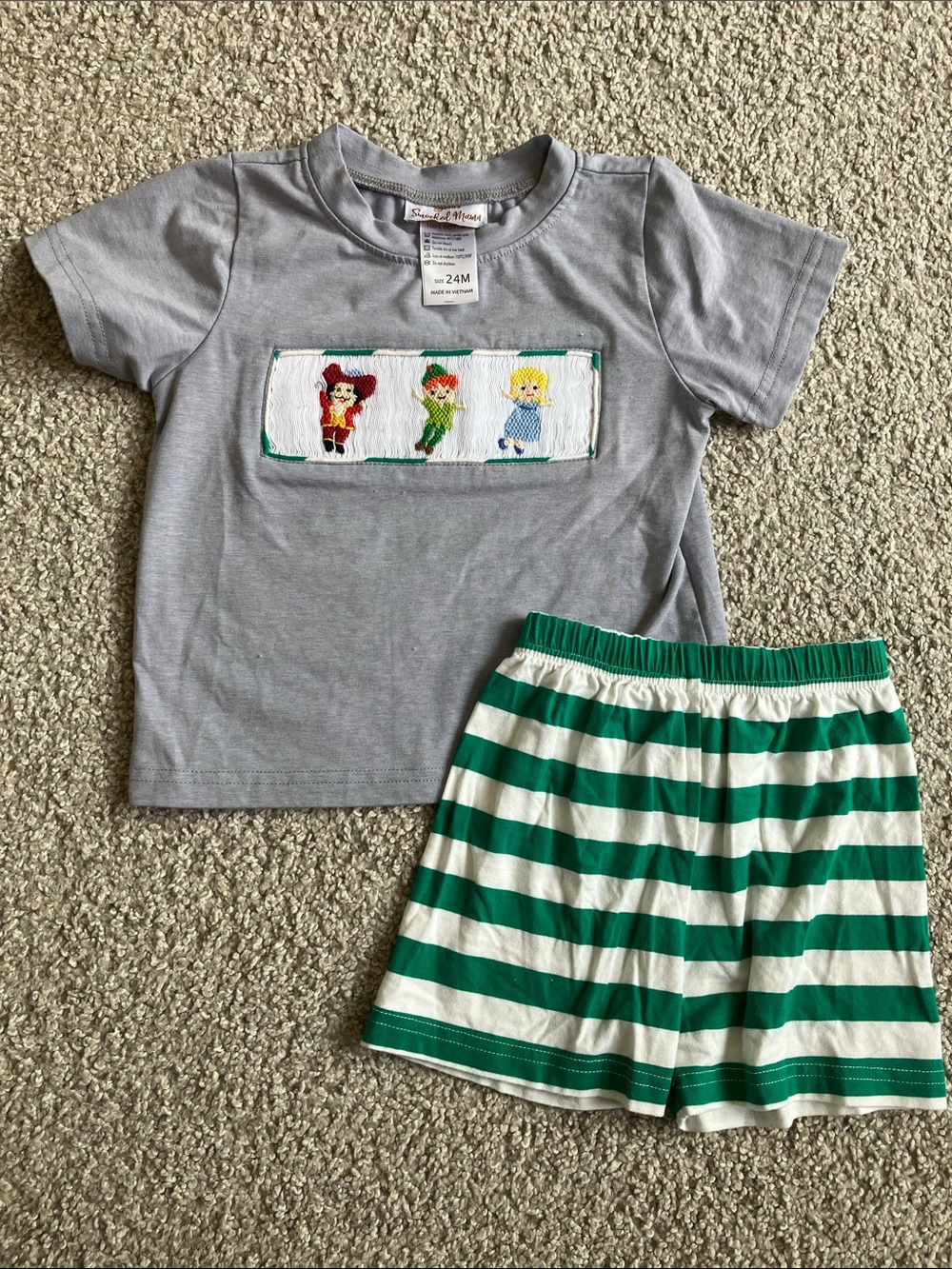Smocked Mama - Peter Pan Smock. Grey Tee & Green-White Stripe Shorts